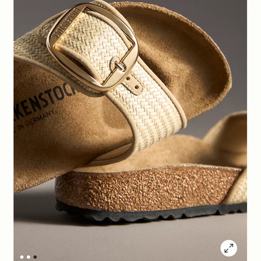 Birkenstock Cream Raffia Single-Strap Slide Sandals with Gold Buckle Detail. - Picture 13 of 13